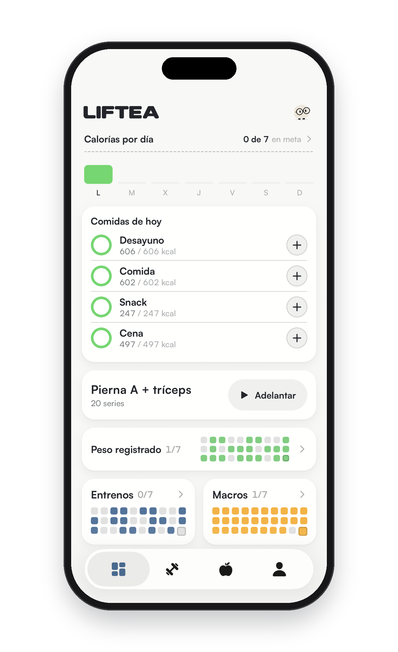 Pantalla de inicio de la app Liftea: calorías por día de la semana, comidas de hoy, la próxima sesión, el peso registrado y los últimos días de entrenos y macros