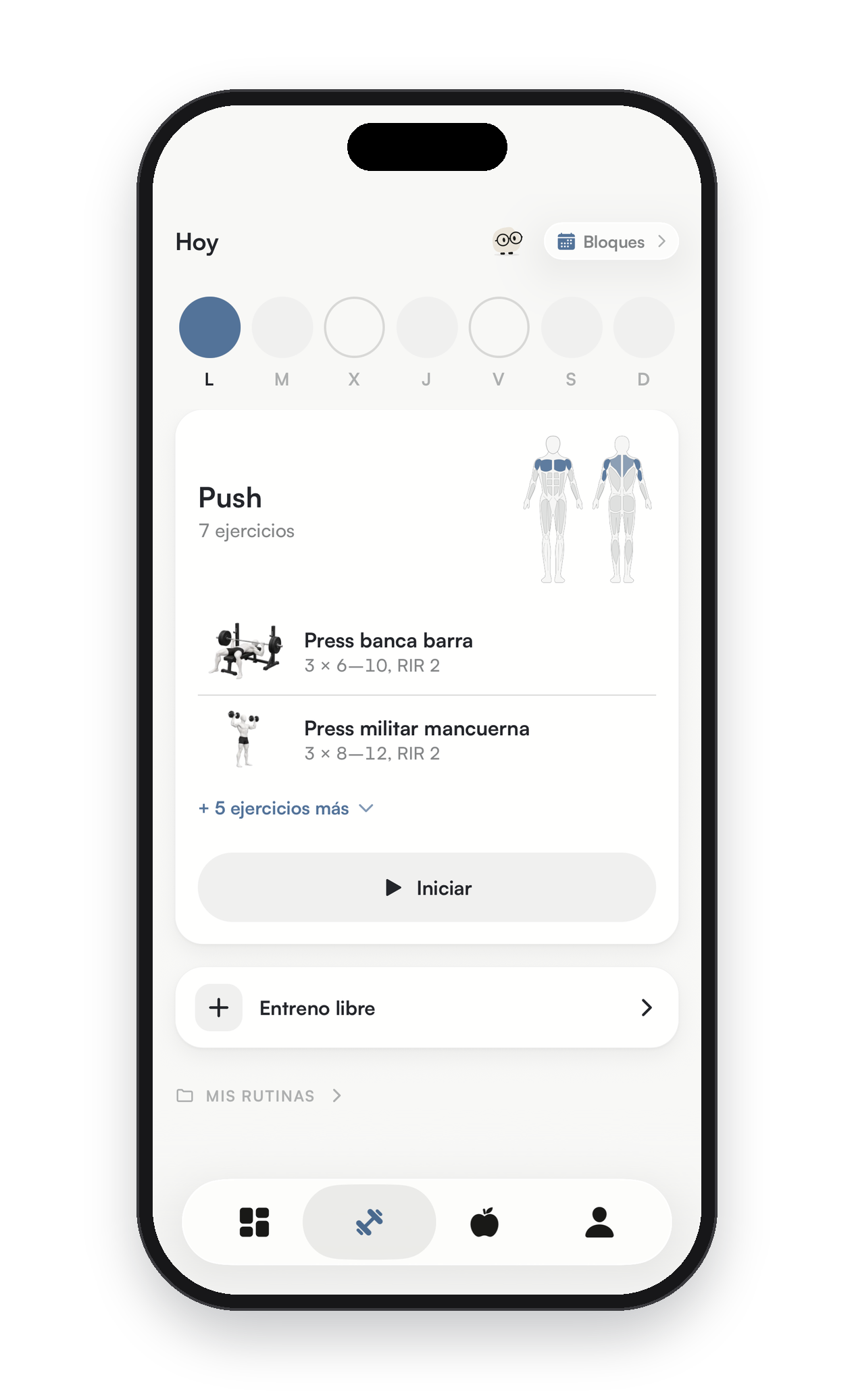 Pantalla de entreno de Liftea: la sesión Push de hoy con sus series, repeticiones y esfuerzo ya ajustados, y los músculos que trabaja